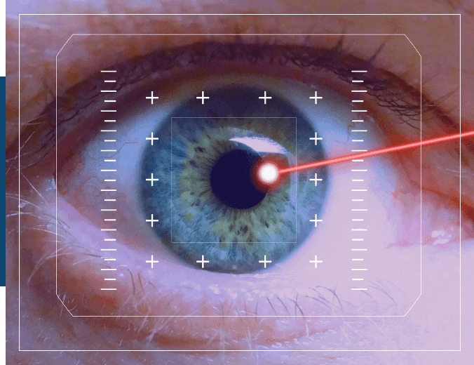 A close up of an eye with a laser beam coming out